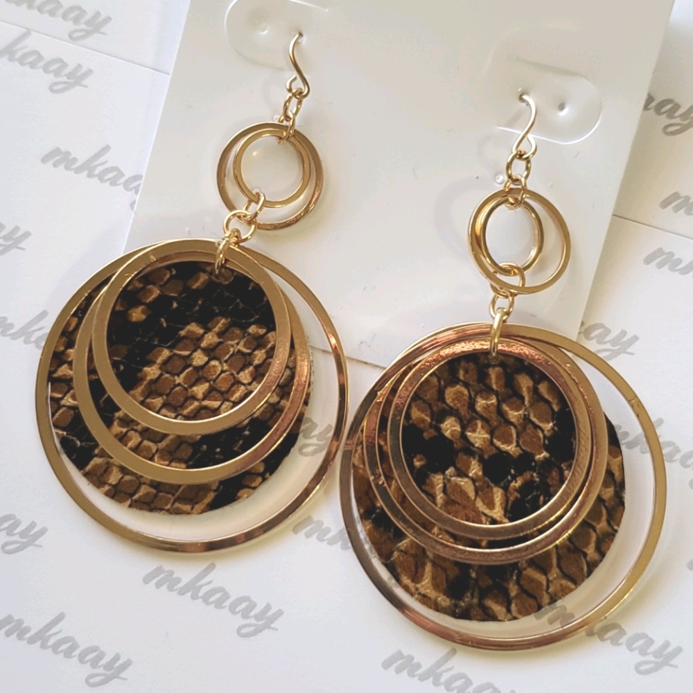 KOLLECTIN Snakeskin print faux leather gold tone circles pierced earrings